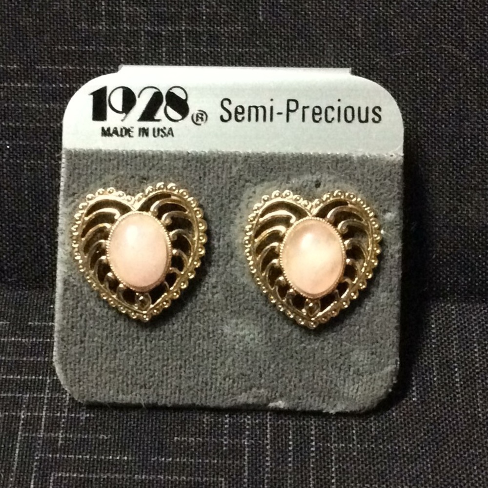 Rose Quartz 1928 SemiPrecious Stone Pierced Earrings original tag Surgical Steel